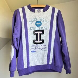 Vintage 90s Graphic Sweatshirt Purple Colorblock Funny Novelty Retro Workout Top